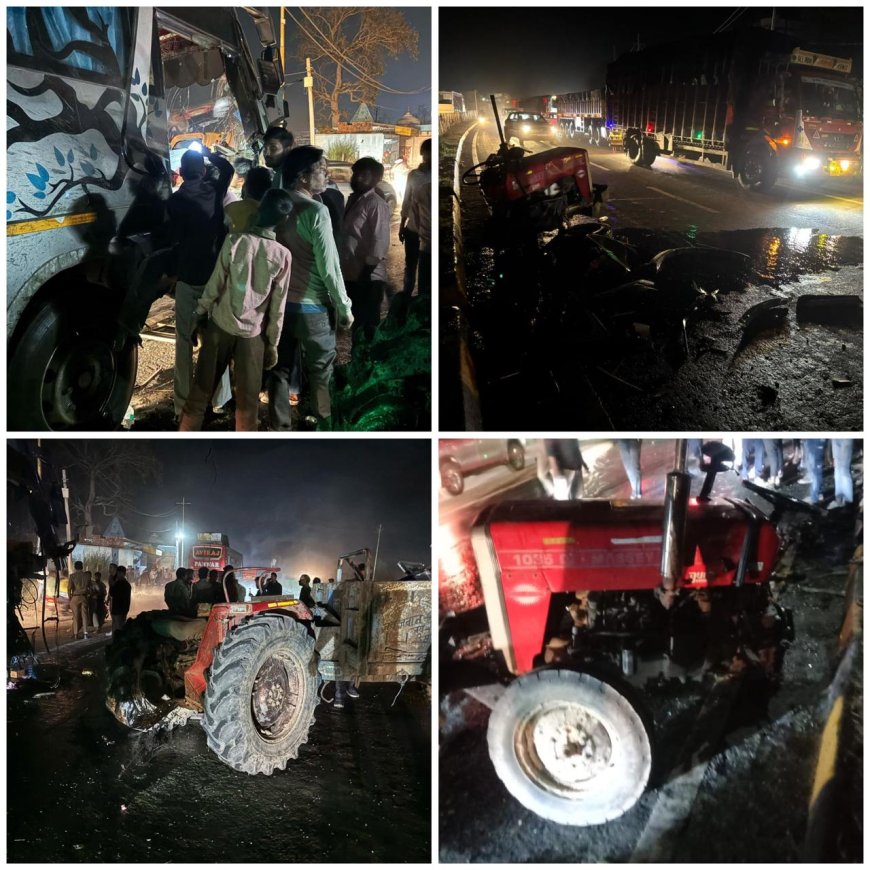 किरावली में जयपुर हाईवे पर बस की टक्कर से दो हिस्सों में बंटा ट्रैक्टर   