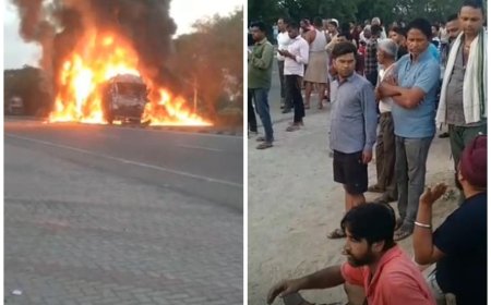 आगरा में दर्दनाक हादसा: ट्रक-कैंटर की भिड़ंत के बाद भीषण आग, चालक की जलकर मौत