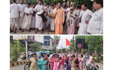 हरे कृष्ण संकीर्तन से गूंजा आवास विकास, रथयात्रा महोत्सव के लिए निकली भव्य आमंत्रण यात्रा