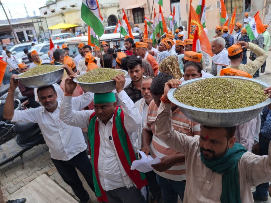 सिर पर मूंग रख कलेक्ट्रेट पहुंचे किसान, डीएम के आदेश पर शुरू हुई खरीद, प्रदर्शन के बाद बनी बात