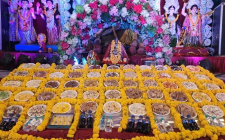 मां दुर्गा के पण्डाल में छप्पन भोग व भंडारा, सैकड़ों भक्तों ने ग्रहण किया प्रसाद