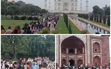 ताजमहल में उमड़ा सैलानियों का सैलाब, पार्किंग से लेकर गेट तक लगा रहा लंबा जाम