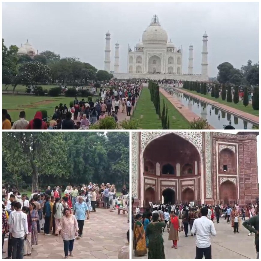 ताजमहल में उमड़ा सैलानियों का सैलाब, पार्किंग से लेकर गेट तक लगा रहा लंबा जाम