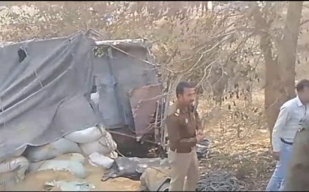 आगरा–लखनऊ एक्सप्रेसवे पर धान से भरा ट्रक रेलिंग तोड़ खाई में जा गिरा, चालक–परिचालक सुरक्षित