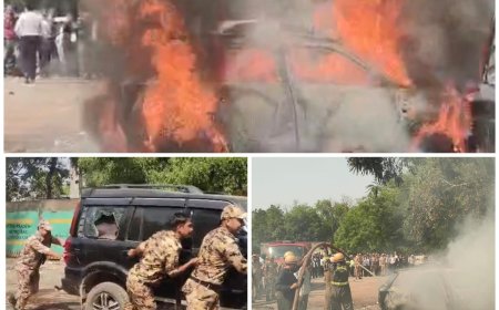 दीवानी पार्किंग में खड़ी कार बनी आग का गोला, मची अफरा-तफरी, तीन गाड़ियां चपेट में