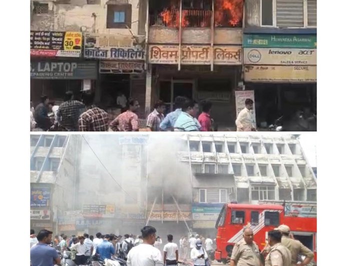 संजय प्लेस के स्काई टावर में भीषण आग, करोड़ों रुपये का सामान खाक, मचा हड़कंप