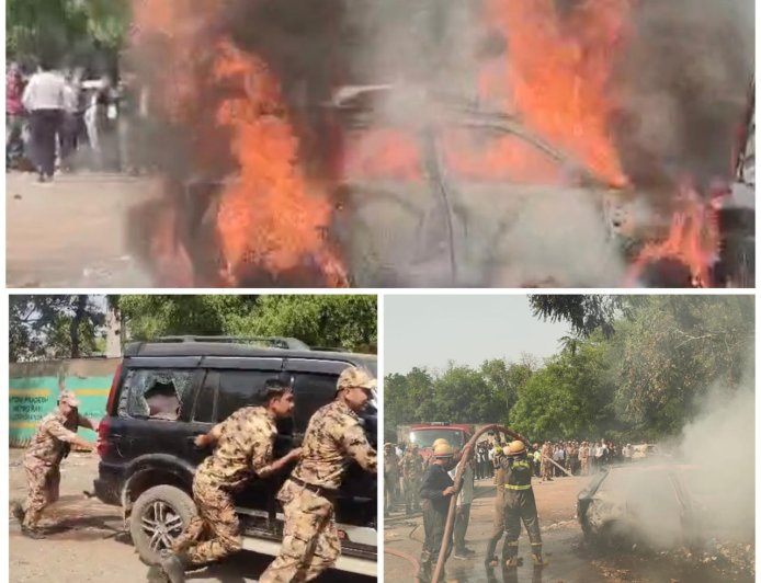 दीवानी पार्किंग में खड़ी कार बनी आग का गोला, मची अफरा-तफरी, तीन गाड़ियां चपेट में