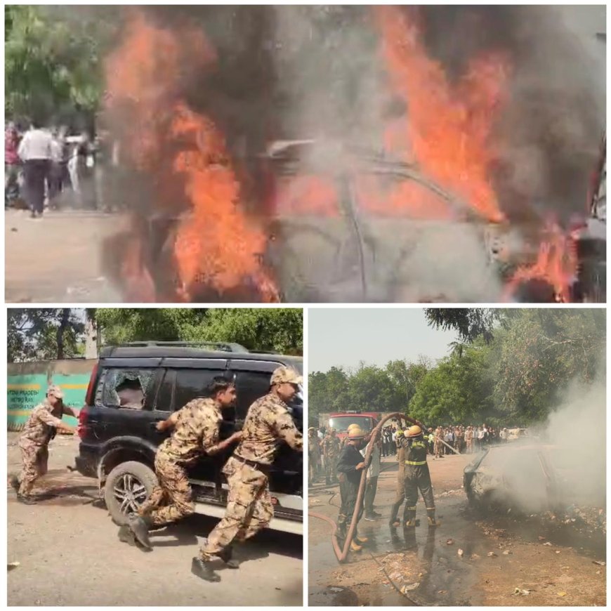 दीवानी पार्किंग में खड़ी कार बनी आग का गोला, मची अफरा-तफरी, तीन गाड़ियां चपेट में