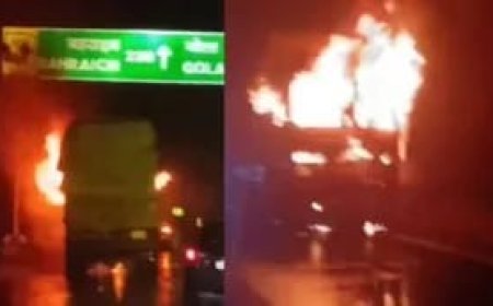पीलीभीत में प्लास्टिक सामान लदे चलते ट्रक में लगी आग,केबिन में ही जिंदा जल गया ट्रक को चला रहा मालिक