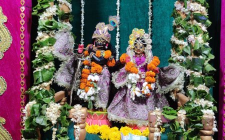 राधे झूलन पधारो, घिर आए बदरा...श्रीजगन्नाथ जी मंदिर में फूल-पत्तों से सजे झूले में बिराजे राधा-कृष्ण
